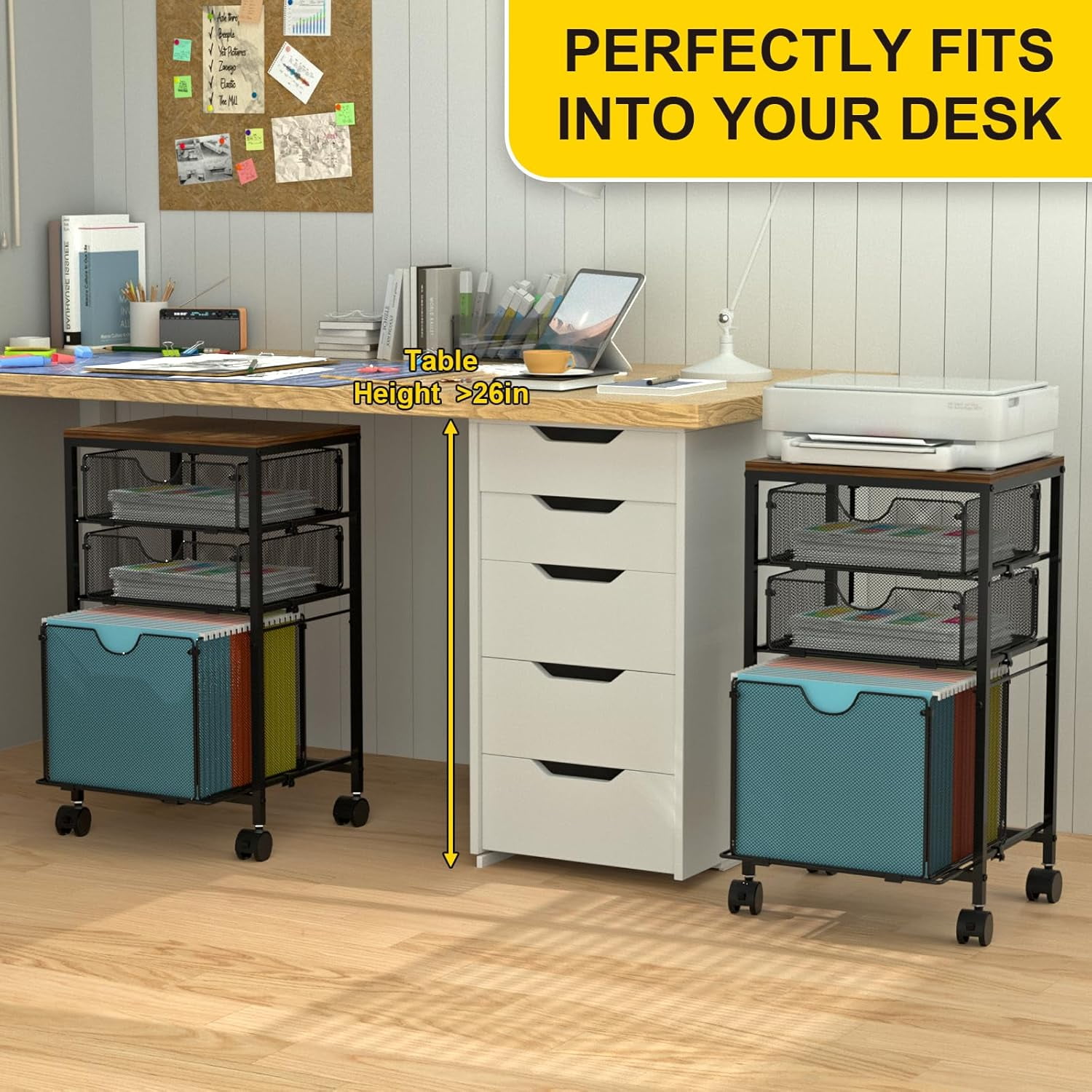 Rolling File Cart with 3 Storage Drawers, Wood & Mesh Hanging File Folder Organizer with Wheels Under Desk, File Cabinets for Home Office, 11.81"D x 14.8"W x 25.39"H, Black