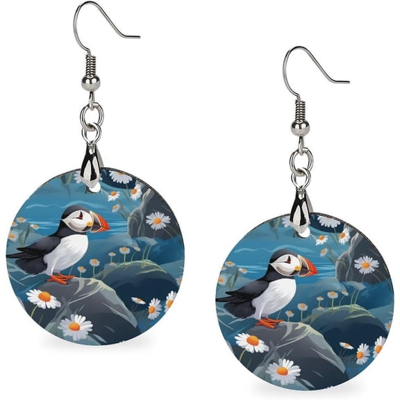Puffin Birds Wooden Elegant Earrings Round Dangle Earrings Lightweight Pendant Drop Earrings Jewelry for Women Gifts[k571]