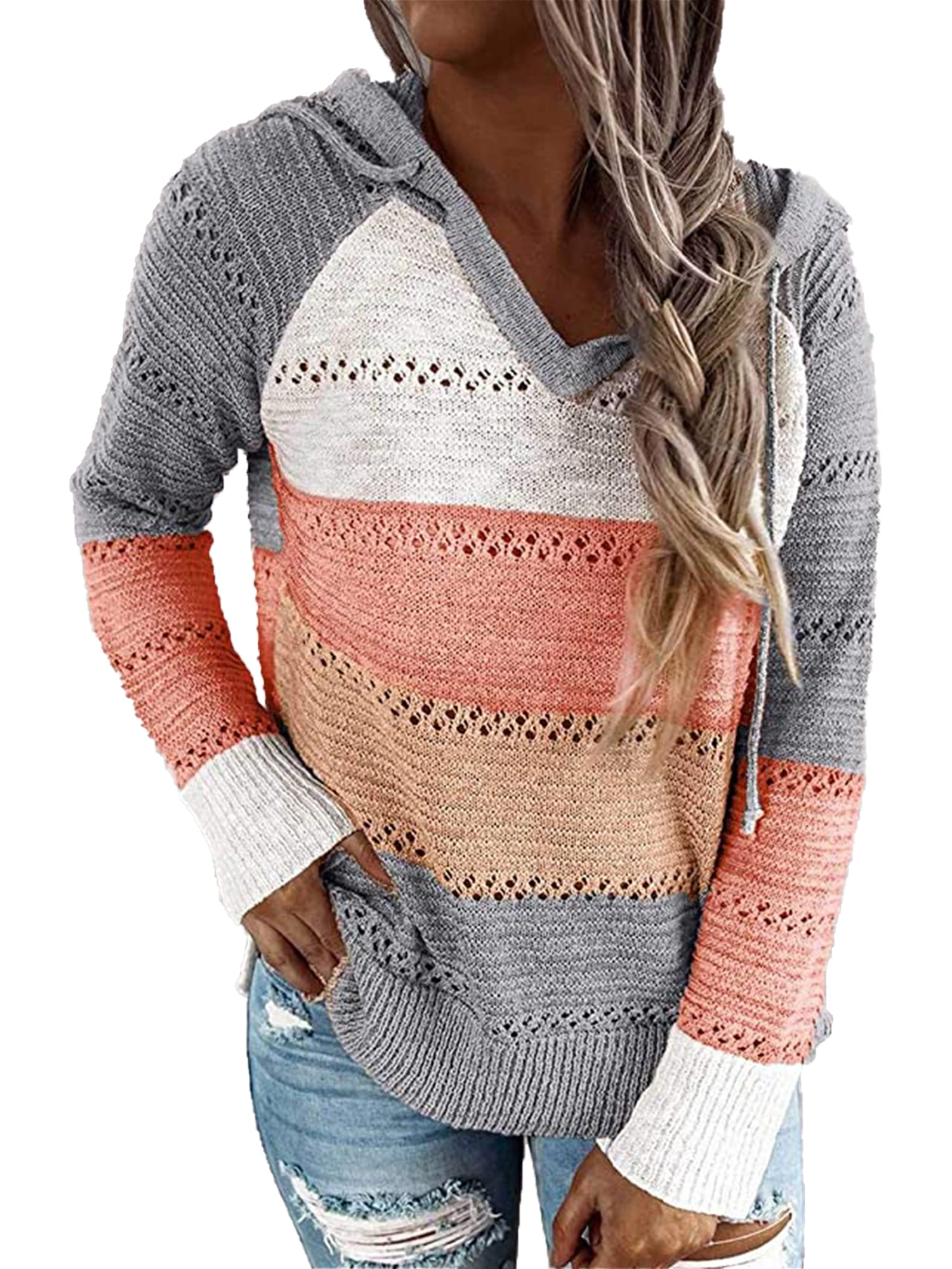 Womens Striped Knitted Jumper Long Sleeve Sweater Casual Loose Pullover Tops 