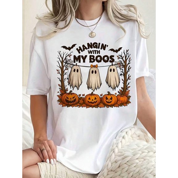 Women Round Neck T Shirt With My Boos Ghost Pumpkin Print Casual Halloween Party Top