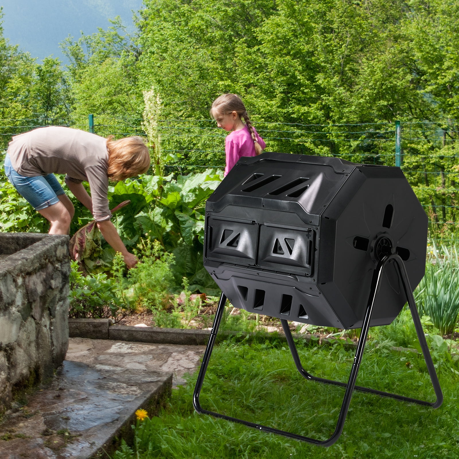Outdoor Compost Tumbler Dual Chamber, Outdoor Tumbling Composter Dual Rotating Batch Compost Bin, 42 Gallon, Black