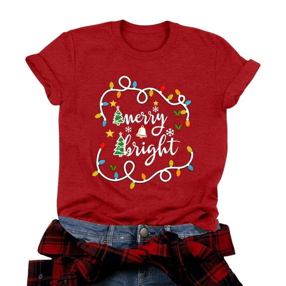 larppty Christmas Shirt Merry and Bright Christmas T-Shirts Women Xmas Lights Graphic Shirts Christmas Holiday Top (Red, 3XL)
