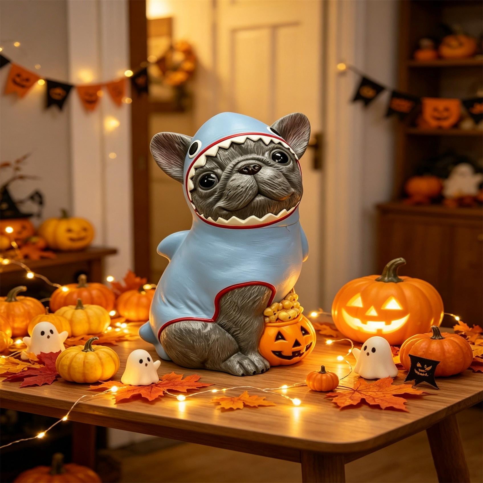 Halloween French Bulldog Statue, Resin Shark Costume Dog Figurine with Light Up Pumpkin Candy Bowl, Holiday Tabletop Porch Indoor Outdoor Decor, 7.87in