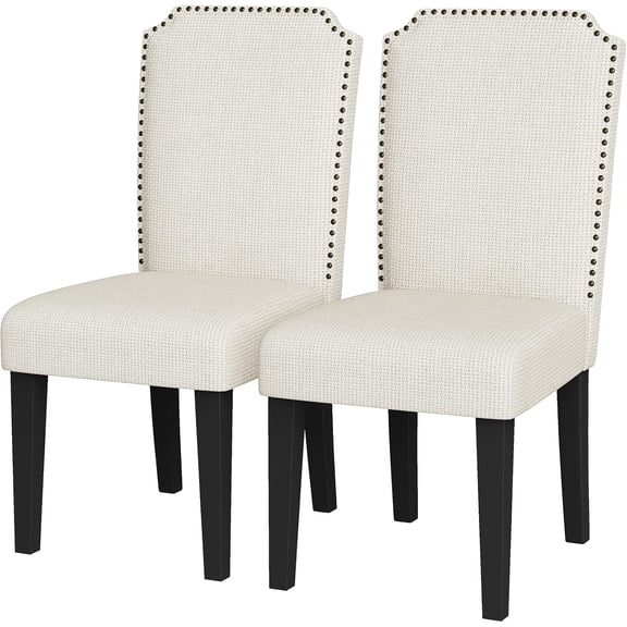 Upholstered Dining Chair Set, Solid Wood Chairs with Solid Wood Legs, Padded High Back Dining Chair with Nailhead Trim, Fabric Side Chair for Dining Room Kitchen Restaurant (Beige, 2PCS)