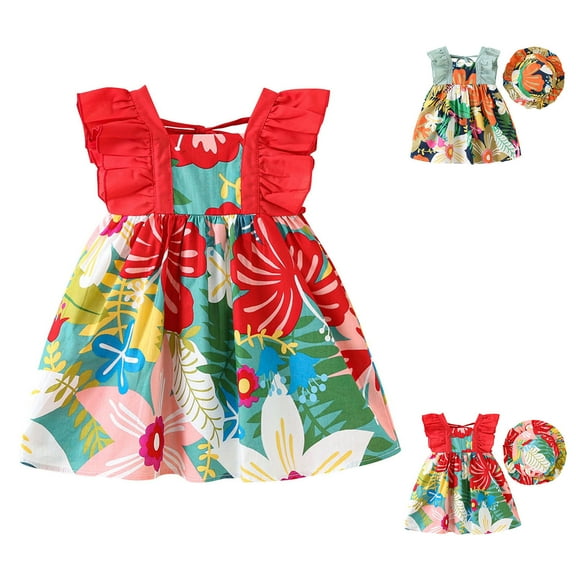 Bovxnpu Summer Girls Dresses, Toddler Girls Cotton Dress with Ruffle Sleeves, Toddler Kids Baby Girls Cute Sleeveless Sweet Flower Print Ruffle Dress Hat Set 18 Months