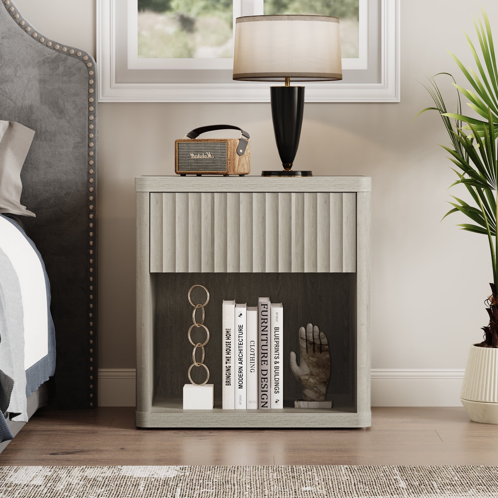 SICOTAS Fluted Nightstands for Bedroom Set of 2, Farmhouse Bedside Tables with Drawer & Open Shelf,  Wood End Table for Living Room in Light Grey