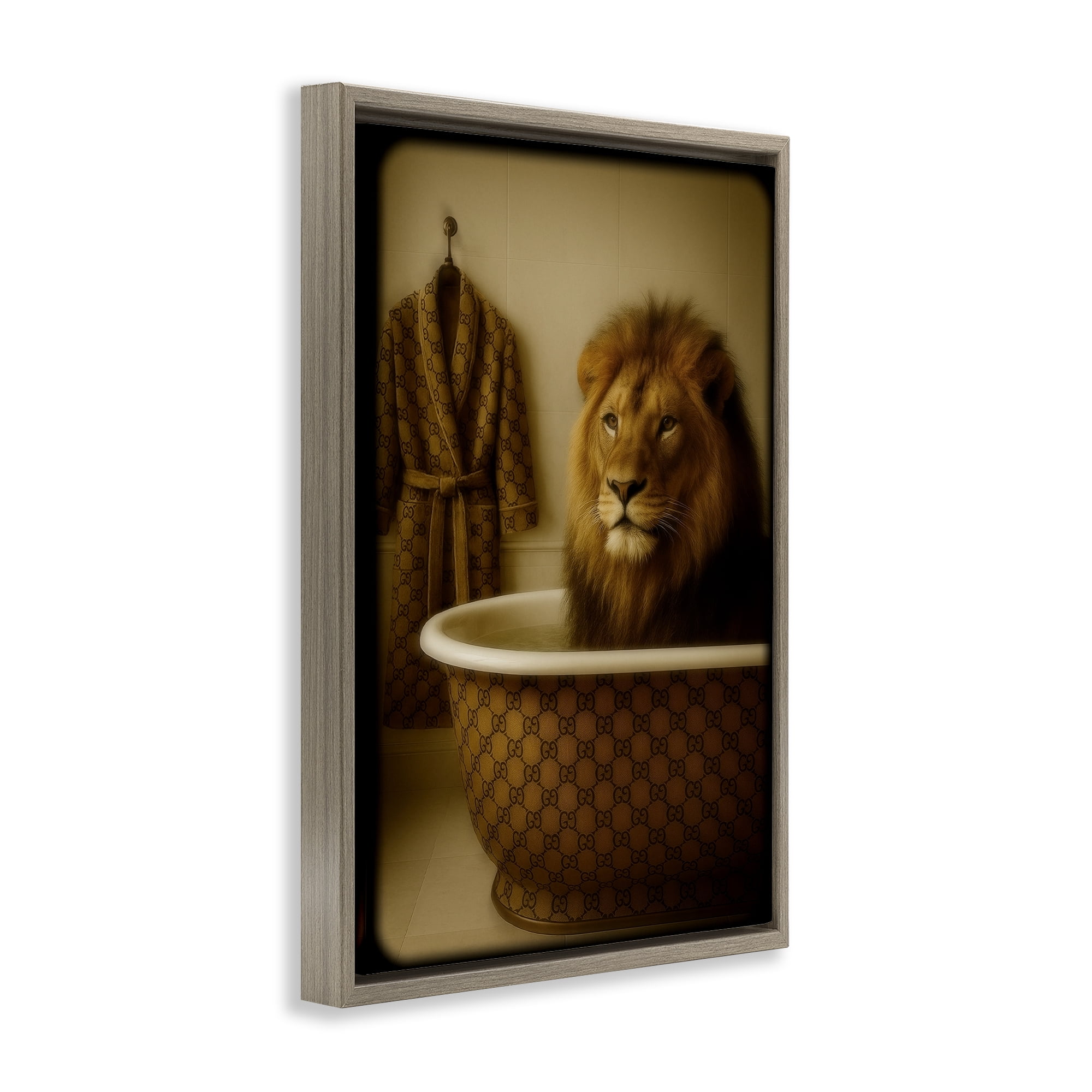 Stupell Industries Couture Lion in Luxury Tub Brown Framed Floater Canvas Wall Art, design by Grotto Studios
