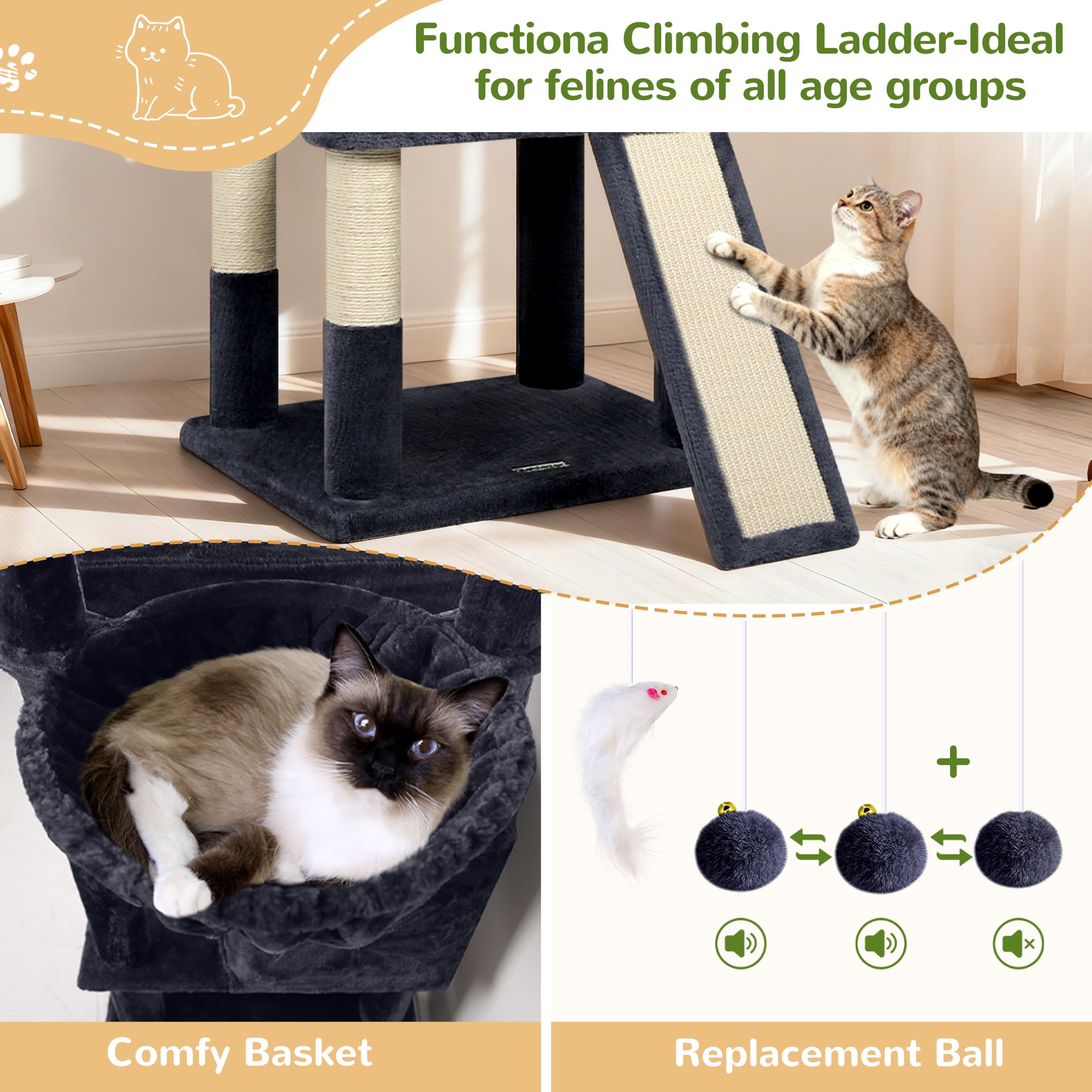 Globlazer 83'' Multi-Level Large Cat Tree Tower for Indoor Cats with Sisal Scratching Post, Hammock & 2 Condos, Dark Gray