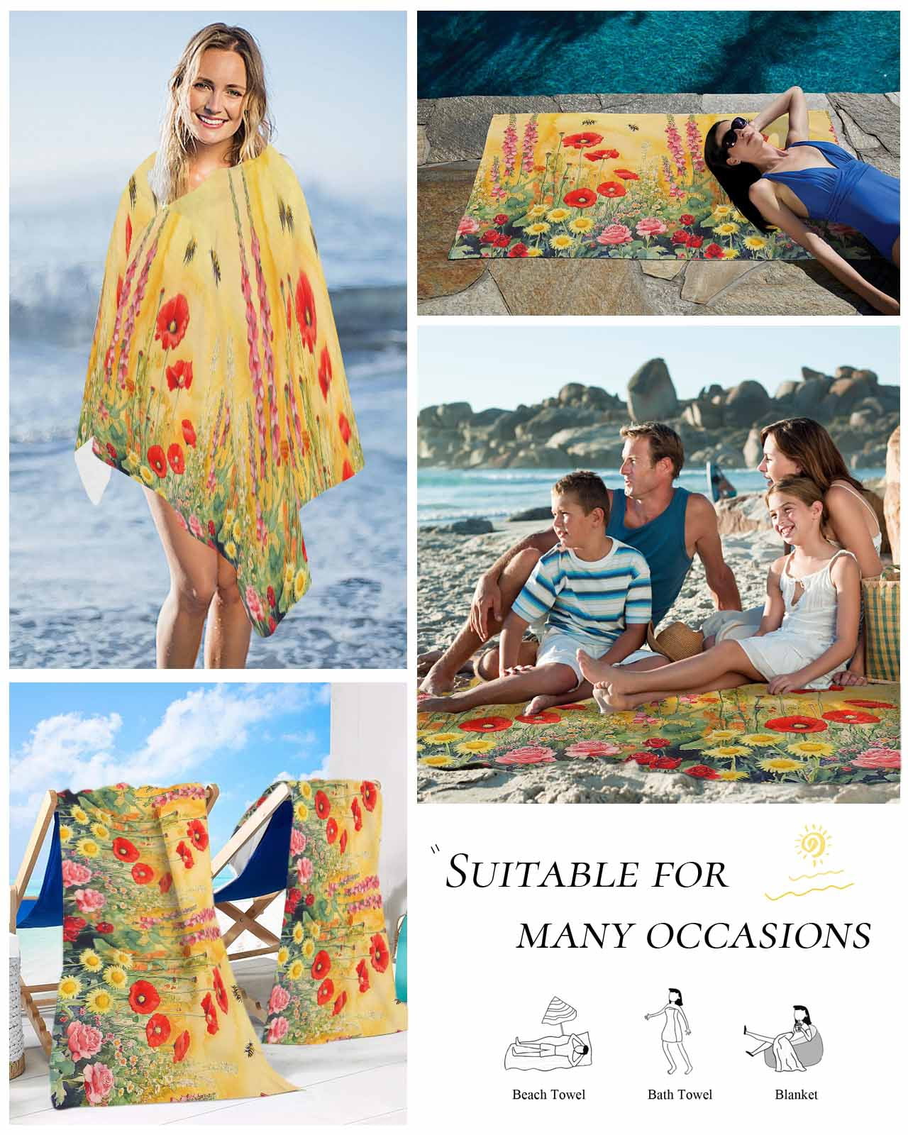 Poppy Botanical Beach Towels Oversized Super Absorbent, Vintage Floral Yellow Ombre Lightweight Bath Towel Quick Dry Sets For Bathroom/Pool/Rv Camping/Beach Play/Gym Room/Picnic 23"x47"