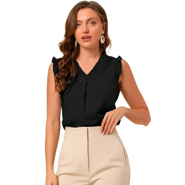 INSPIRE CHIC Blusas vintage sin mangas con volantes para mujer Tops de trabajo con ribete de volantes Negro S