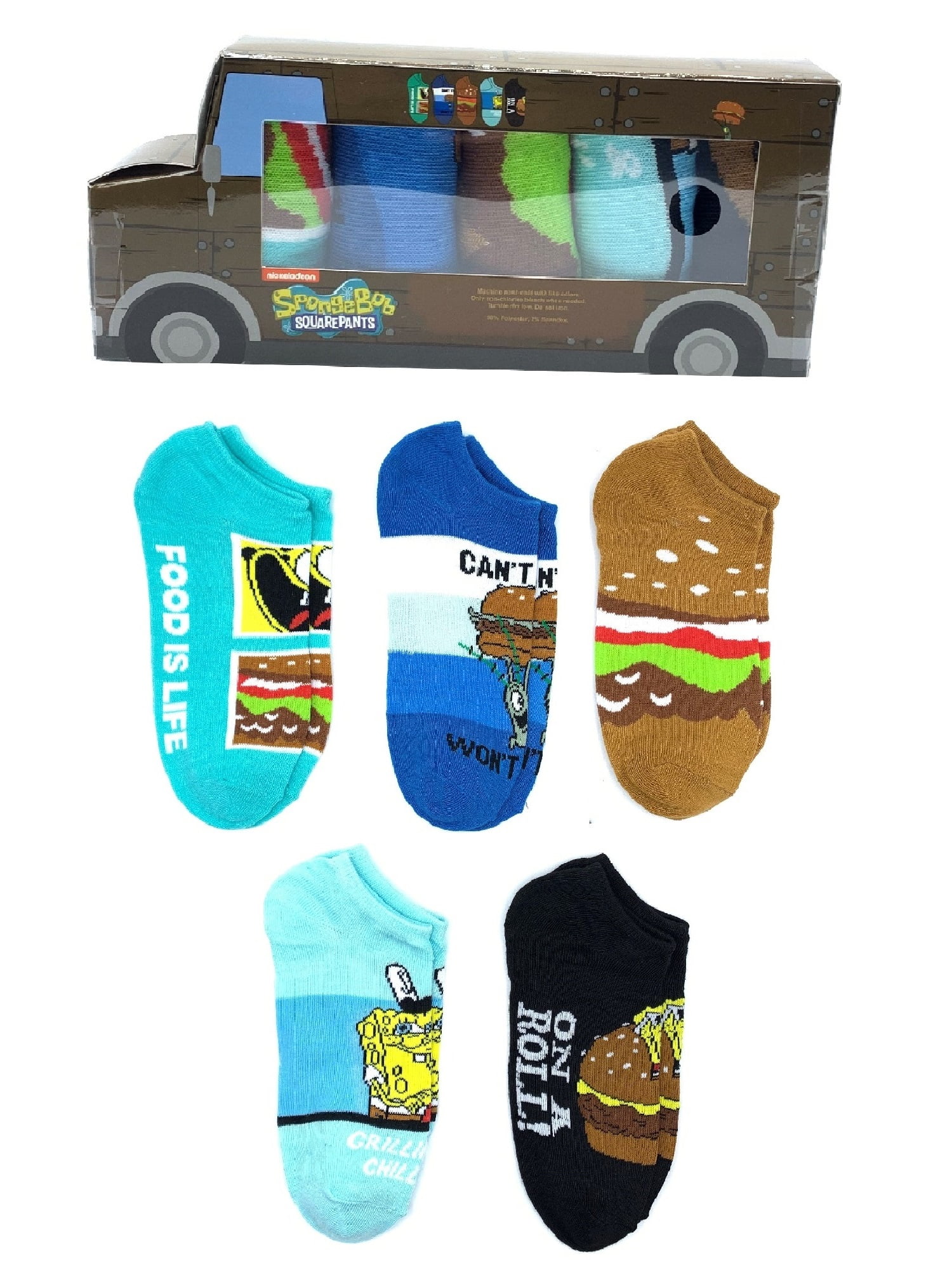 SpongeBob SquarePants Unisex No Show Socks, 5-Pack Gift Box