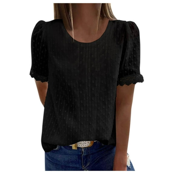DuoJiaJ Women's Elegant Lace V Neck Short Sleeve Solid Tops Shirt Blouse Black L