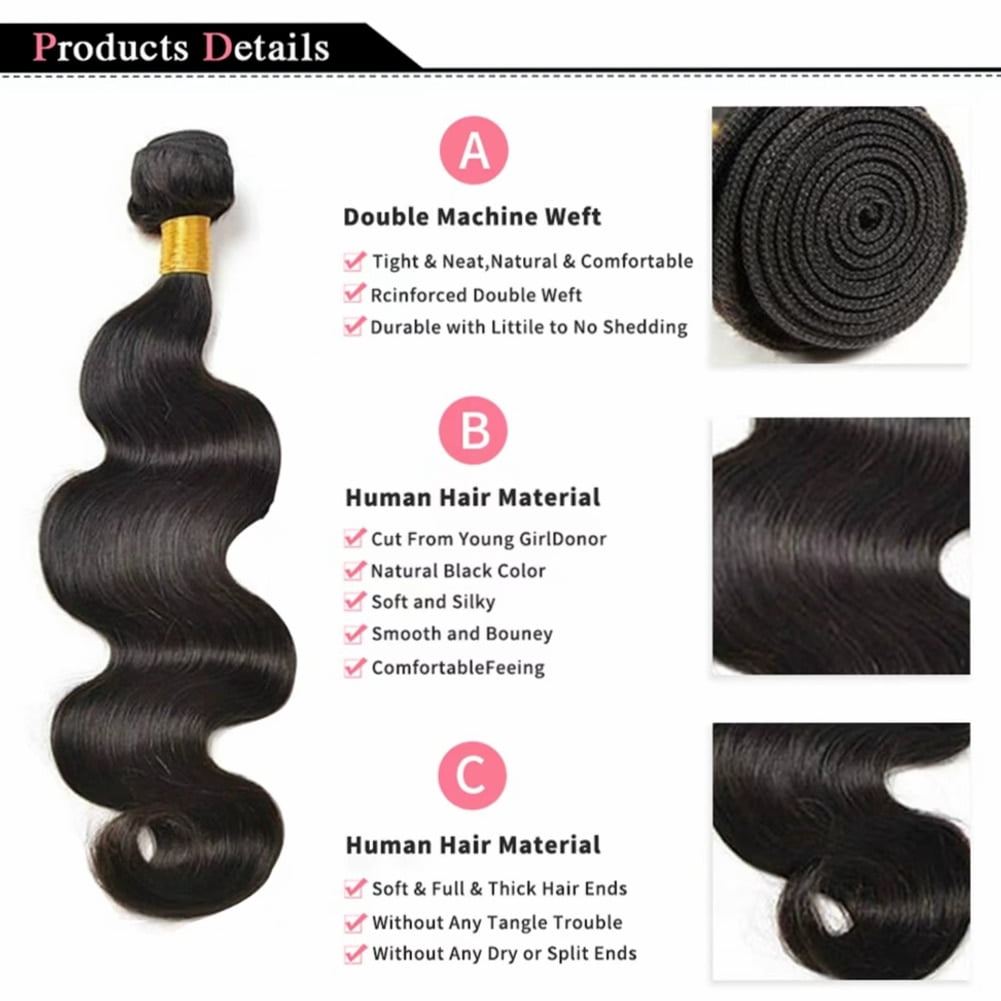 Typpkmm Body Wave Bundles Human Hair Brazilian Hair Weave Bundles Natural Human Hair Extensions Bundles 3 Pcs, Black