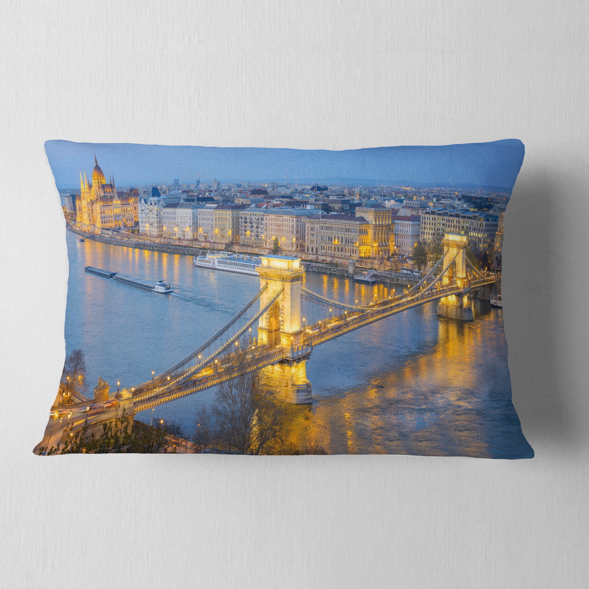 Designart Chain Building and Parliament in Budapest - Cityscape Throw Pillow - 12x20