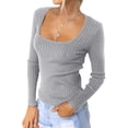 thumbnail image 2 of Women's Slim Fit Long Sleeve Knitted T-Shirt Solid Color U Neck Soft Warm Sexy Blouse Top Comfortable Stretchy Casual Shirt, 2 of 7