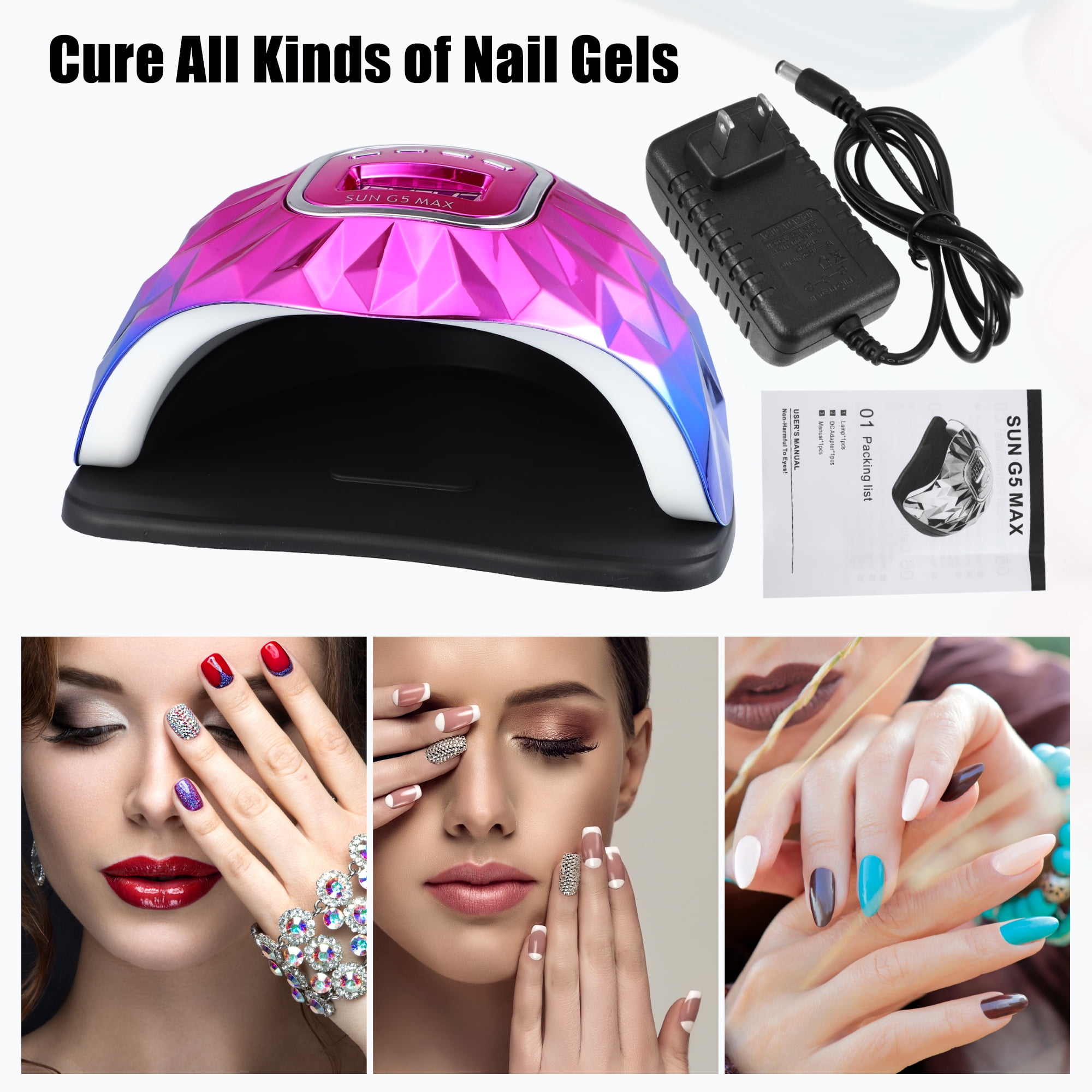Unique Bargains UV-LED Nail Lamp Portable Gel Nail Polish Dryer with Sensor 4 Timers 200W 45pcs Nail Light Blue Purple