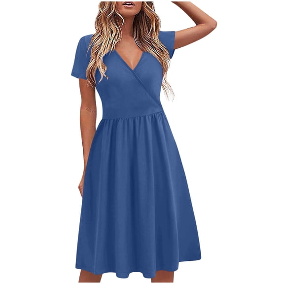 Kukoosong Women's Solid Color V Neck Short Sleeve A-Line Midi Dress for Summer Casual Beach Vacation Party Wedding Guest Dresses