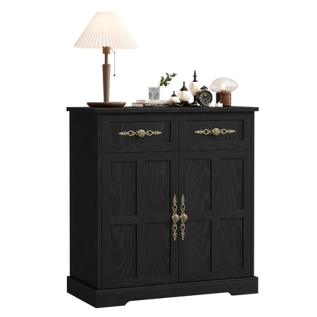 PYY Farmhouse Buffet Sideboard Cabinet – 4 Drawers 2 Doors Adjustable Shelves Gold Handles – Modern Dining Room Kitchen Coffee Bar Storage Compact 33.5 Inch – Black Wood Grain