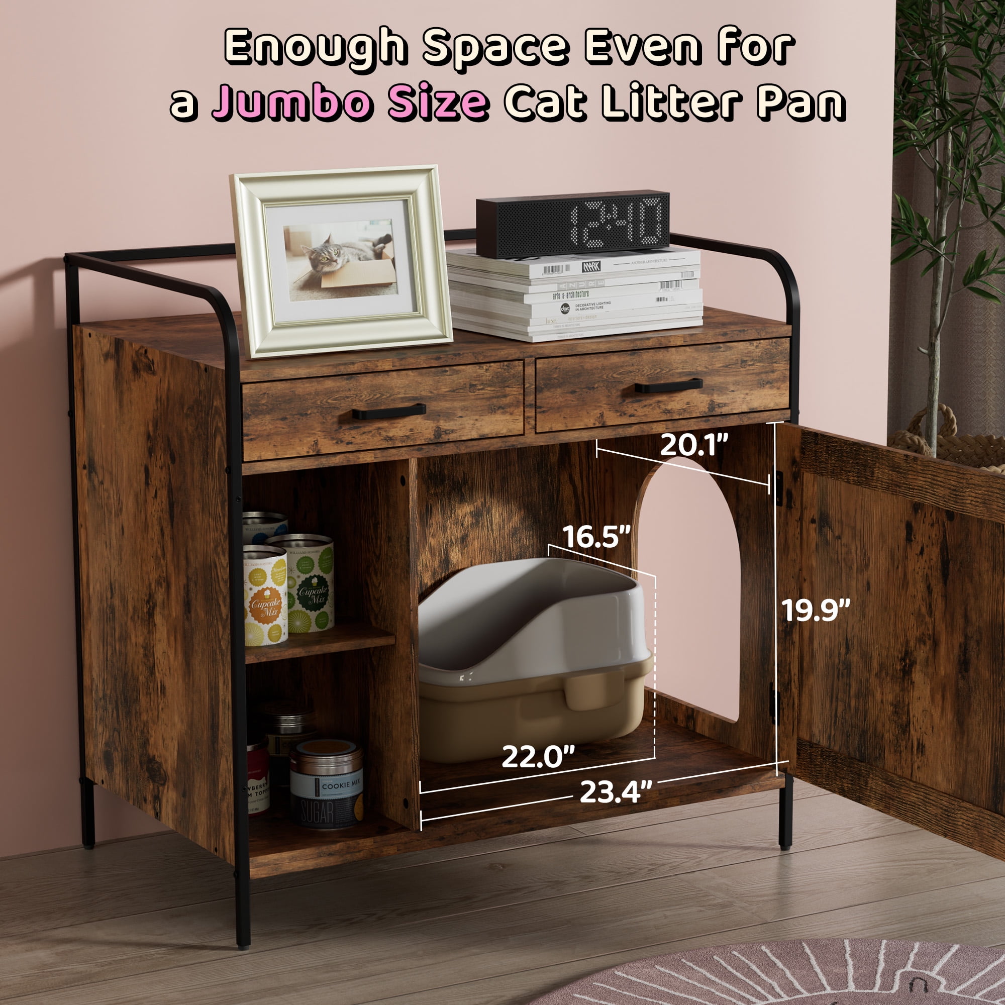 WISHIVE Litter Box Enclosure with Drawers, Hidden Cat Litter Box Enclosure, Cat Litter Box