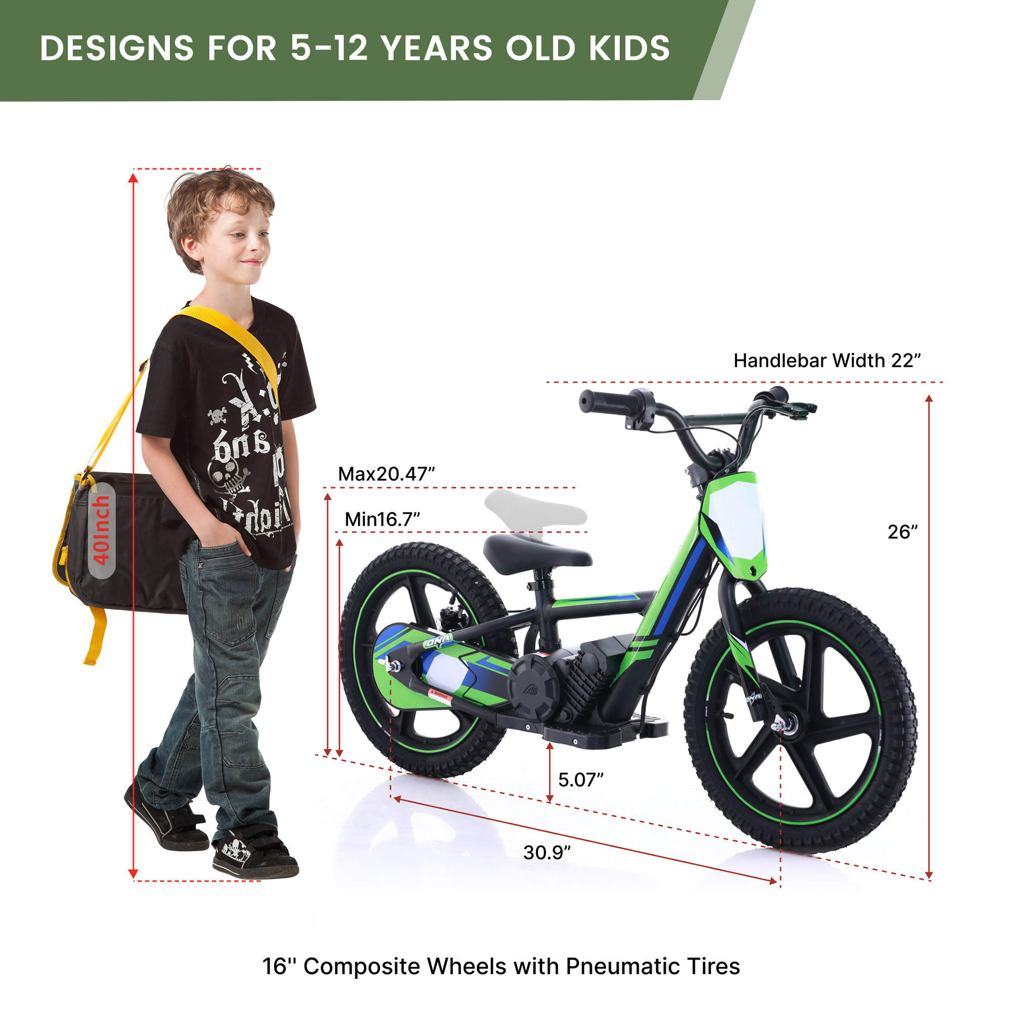 Electric Dirt Bike for Kids, 340W Racing Grade Brushless Motorcycle for Ages 5-12, 3 Speed Modes, 16 inch off Road Tires, Green