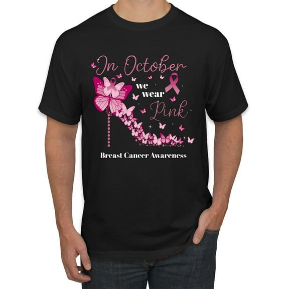 Wild Bobby In October We Wear Pink Diamond Heel Breast Cancer Awareness Men Tee, Black, Small