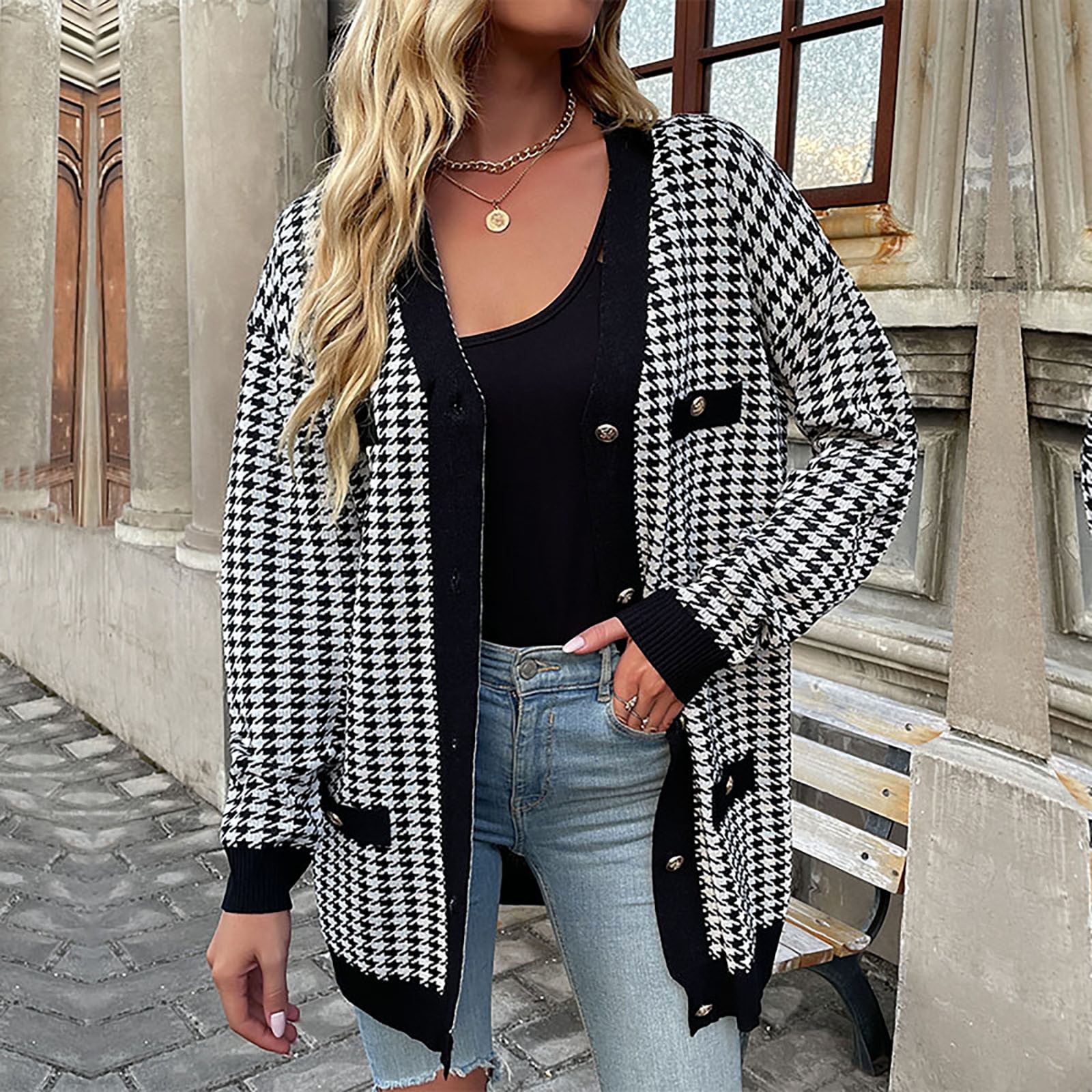 Ladies Chic Houndstooth Open Front Cardigan Sweater Jacket Buttons Loose  Fall Winter Knitted Sweaters Outwear - Walmart.com