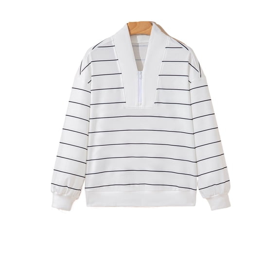 Women's White Zip V Neck Casual Stripe Print Drop Shoulder Long Sleeve Top - [ZhiHiMeRi] | L