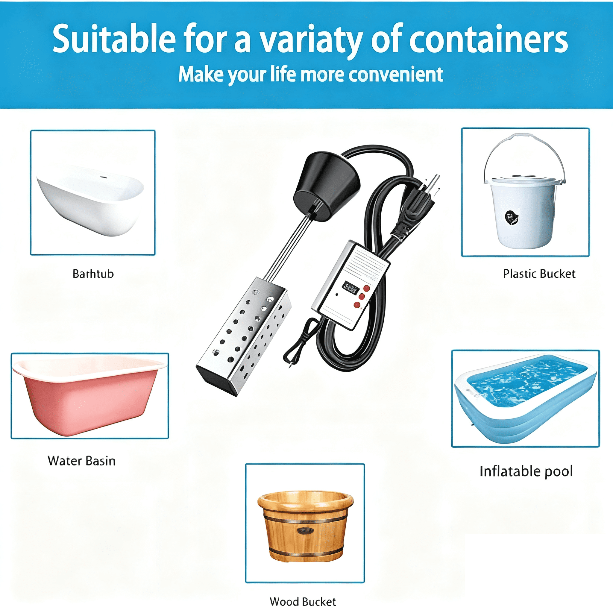 Immersion Water Heater with Thermostat - 1500W Floating Bucket Heater with Timing Temperature Control Setting Auto Shut-Off 304 Stainless-Steel Guard Water Heater for Bathtub, Garden