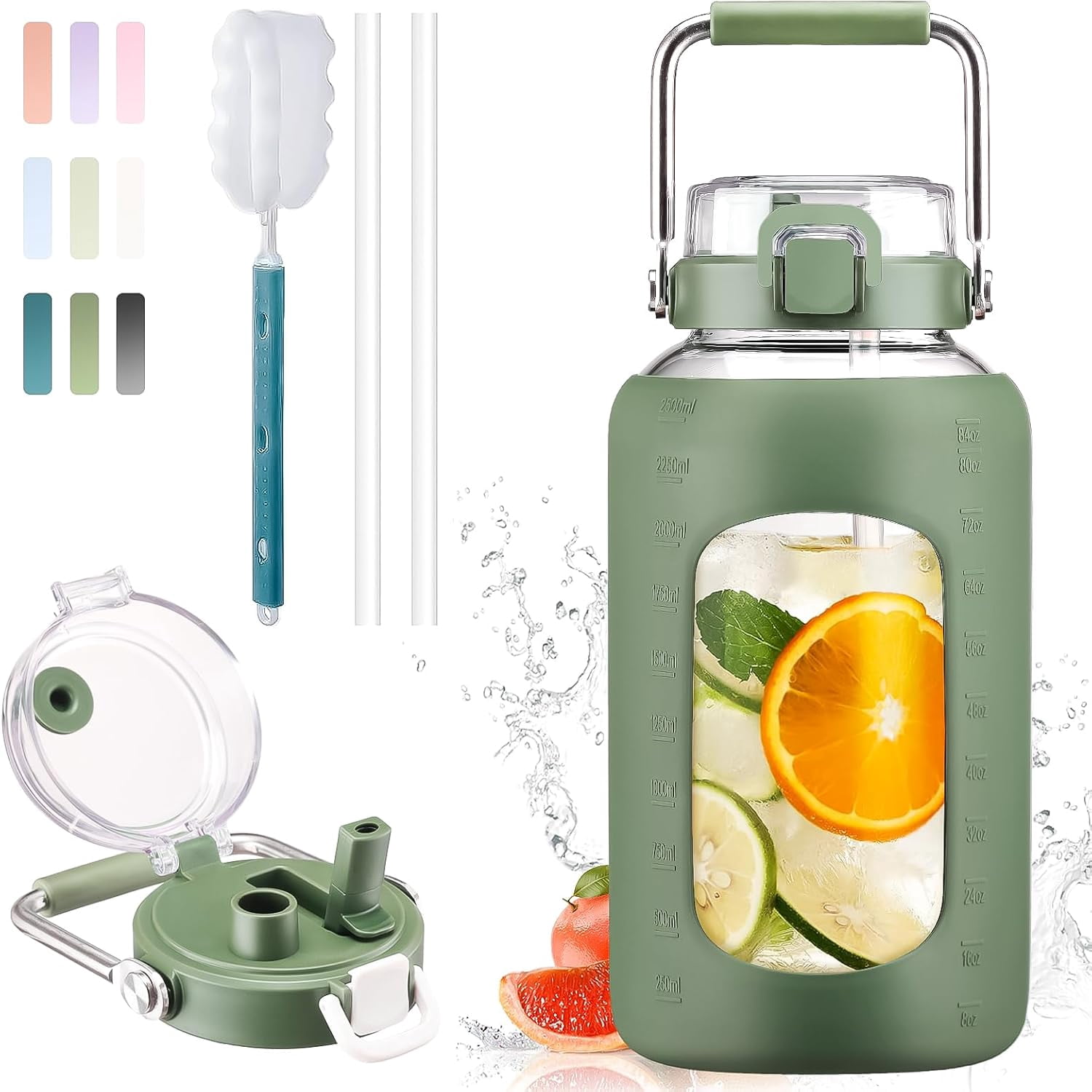 84oz Water Bottle Glass with Stainless Steel Handle Large 2.5l Water Bottle with Time Markers and Silicone Sleeve Half Gallon Water Jug BPA Free for Gym Daily Use