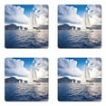 thumbnail image 1 of Nautical Coaster Set of 4, Sailing Boat and Sails on Sea Waves Cloudy Sky Adventure Photo Print, Square Hardboard Gloss Coasters, Standard Size, Blue and White, by Ambesonne, 1 of 2