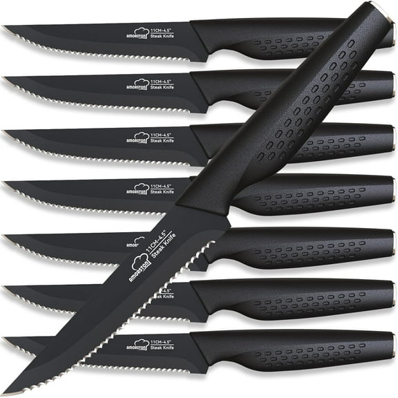 Mojitor Steak Knives, Steak Knives Set of 8, Stainless Steel Steak Knife Set, Serrated Knives Dishwasher Safe, Elegant Black