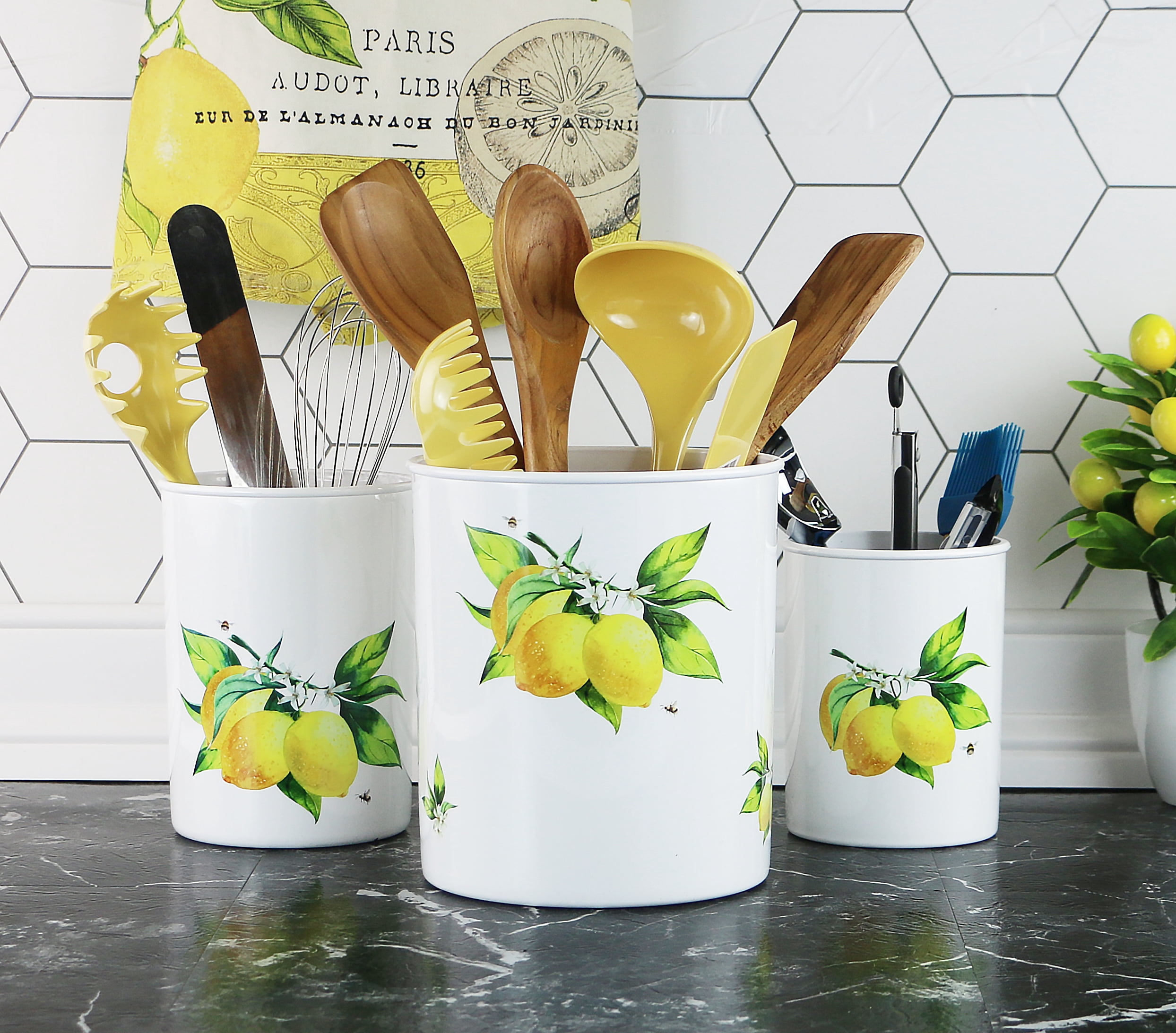 Durable Plastic Countertop Extra Large Utensil Crock/Holder, Fresh Lemons