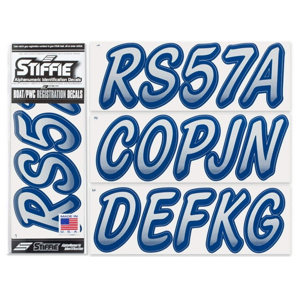STIFFIE Whipline Metallic Silver / Navy 3" Alpha-Numeric Identification Custom Kit Registration Numbers & Letters Marine Stickers Decals for Boats & Personal Watercraft PWC
