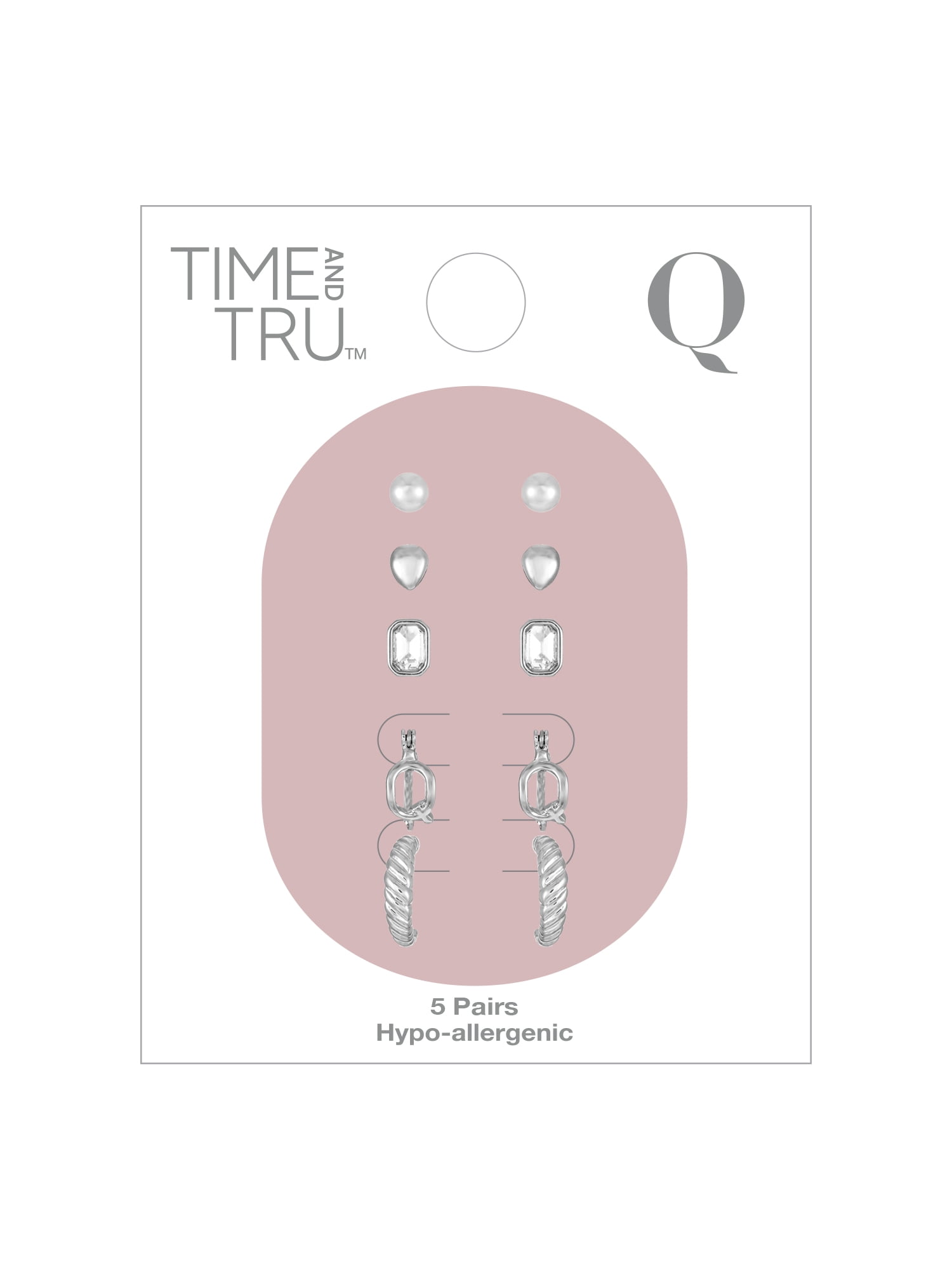 Time and Tru Silvertone Multi Earring Set, 5 Pairs, Initial Q