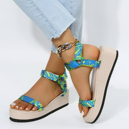 

New Wedge With Graffiti Beach Sandals Women Thick Bottom Sexy Snake Pattern Buckle Beach Sandals