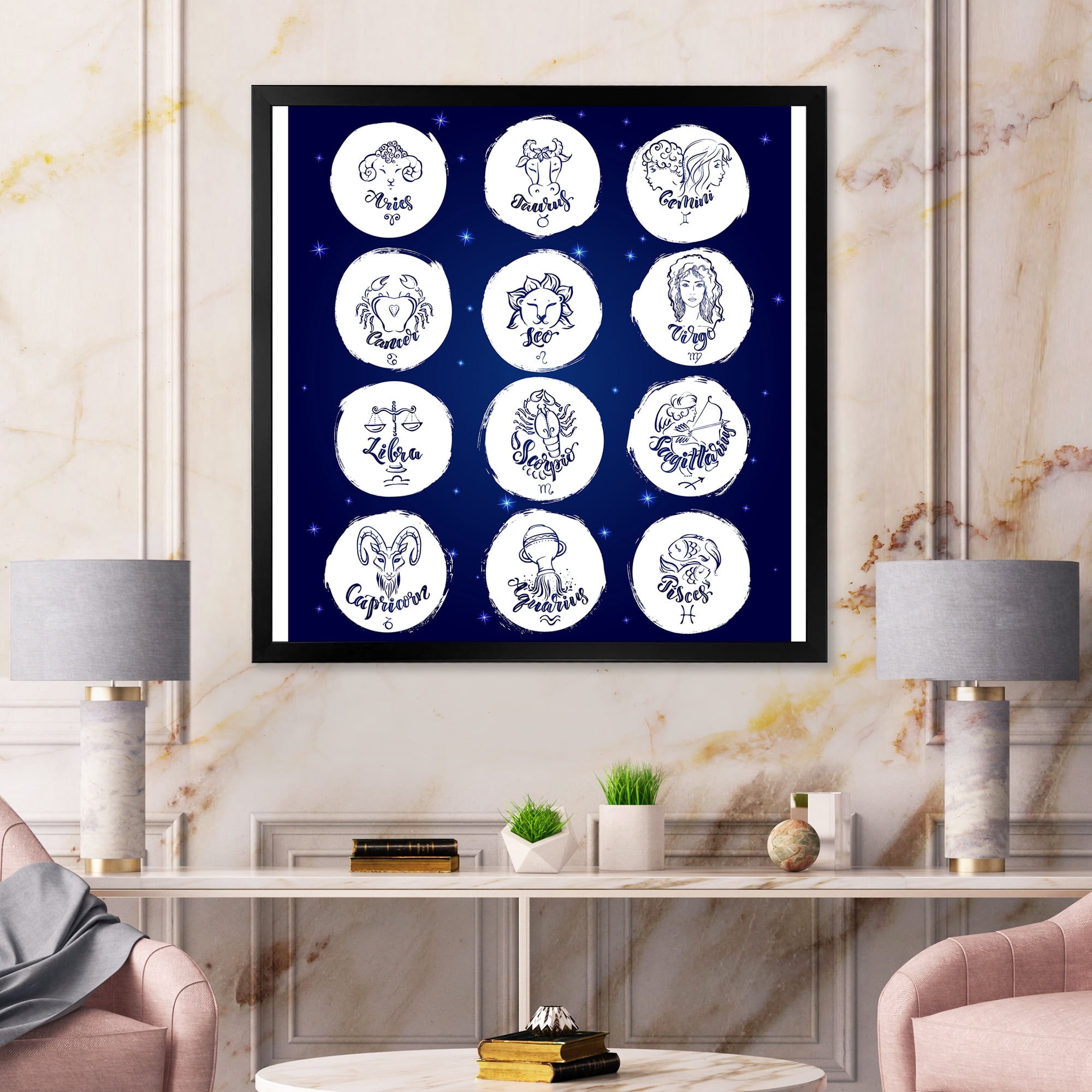 Designart 'Zodiac Diagram & Signs On Blue' Modern Framed Art Print