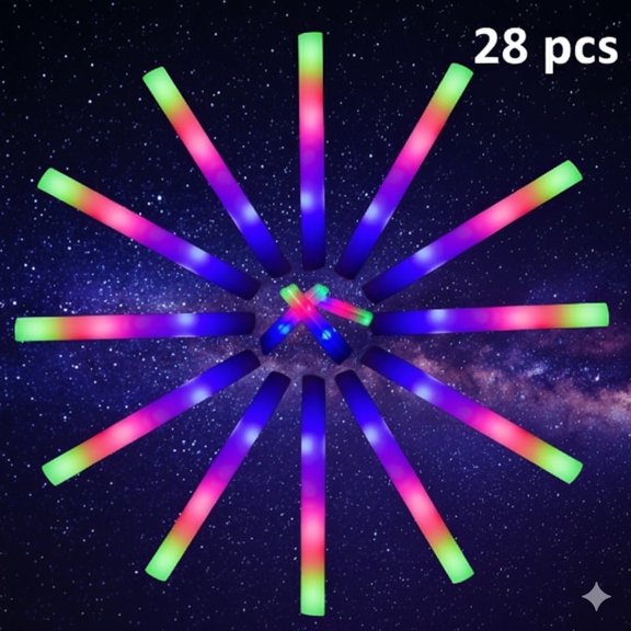 LED Foam Glow Sticks Bulk Pack - 28 PCS Colorful Flashing Modes for Birthday, Wedding, Halloween, Christmas, Concert & Carnival Party Favors