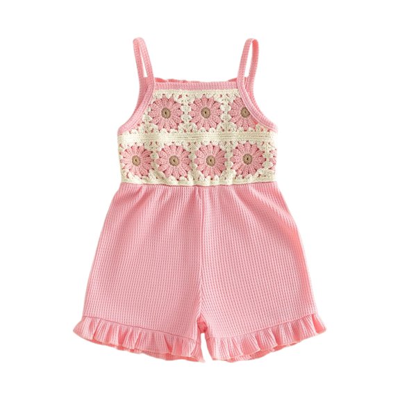 BemeyourBBs Toddler Baby Girl Summer Clothes One Piece Romper Outfit Strap Jumpsuit Overalls Cute Sleeveless Crochet Granny Square Floral Strawberry Embroidered Patchwork Ruffled Bottom Shorts