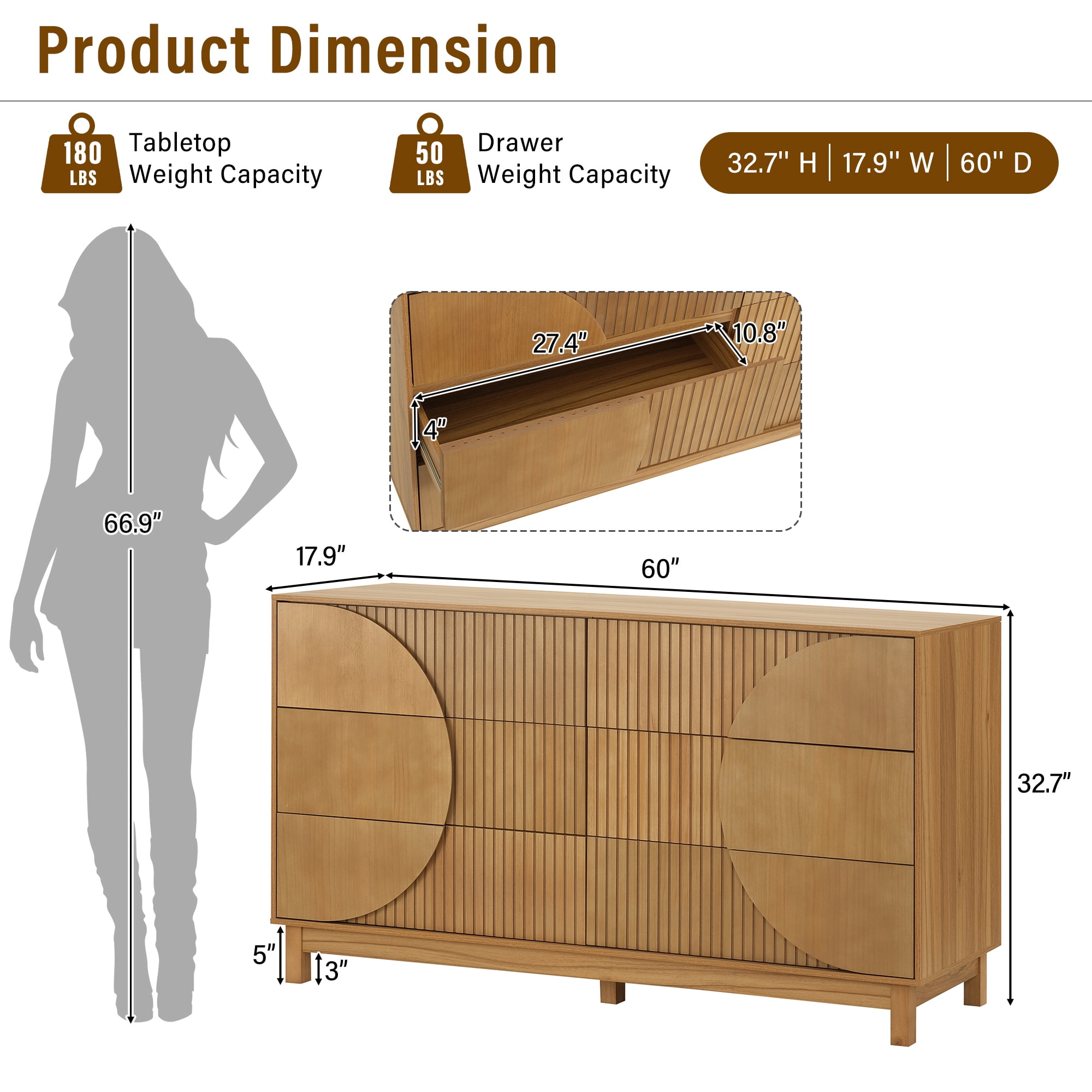 Alvantor 6 Drawer Dresser, 60" Wide Wooden Chest of Drawers with Upgraded Stable Base, Fluted Dresser for Bedroom Brown