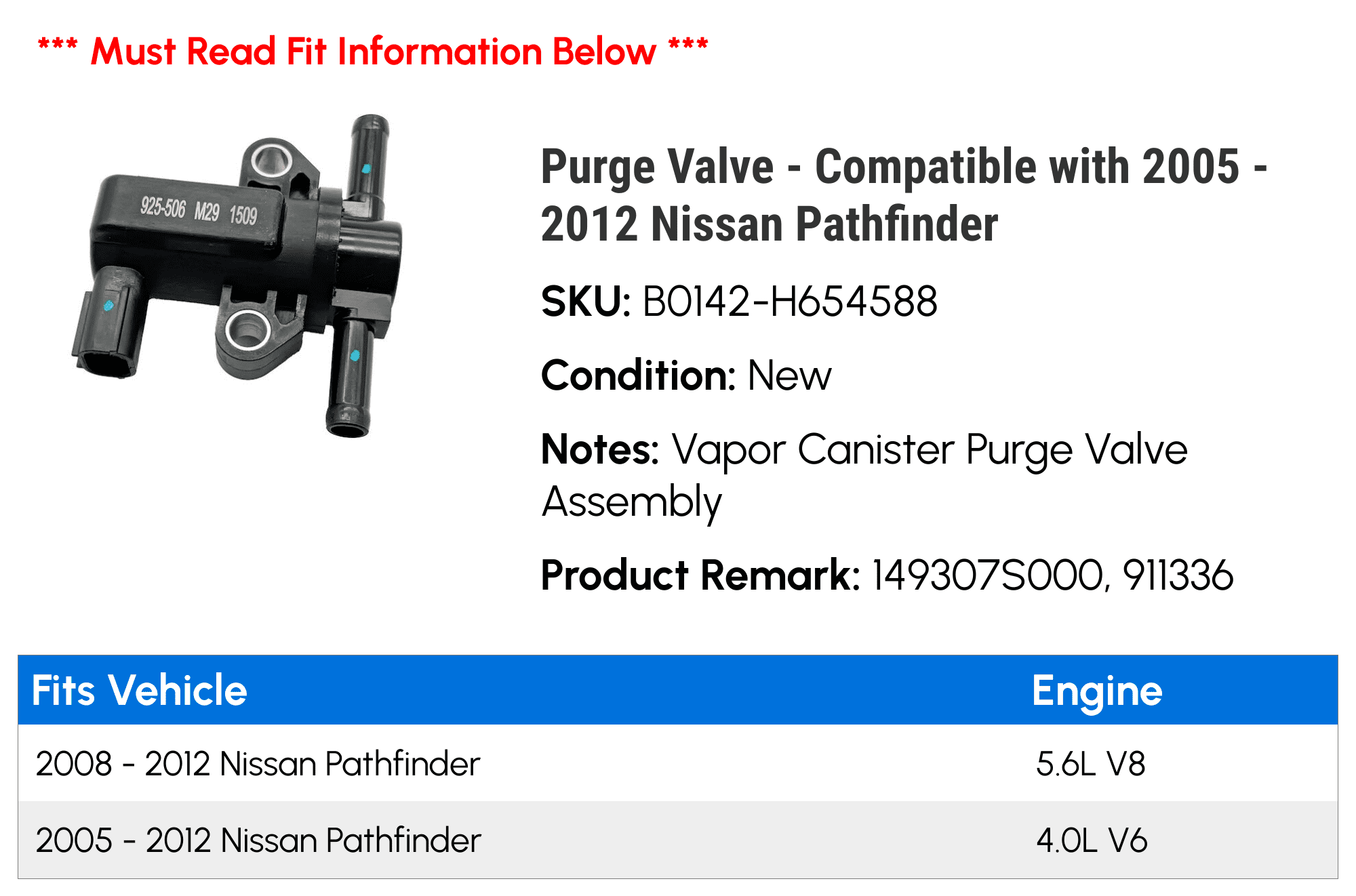 Purge Valve - Compatible with 2005 - 2012 Nissan Pathfinder - Replacement