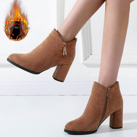 

Akiihool Ankle Boots for Women Women Lug Sole Low Heel Women Snow Boots Winter Shoes Warm Slip On (Khaki 7)