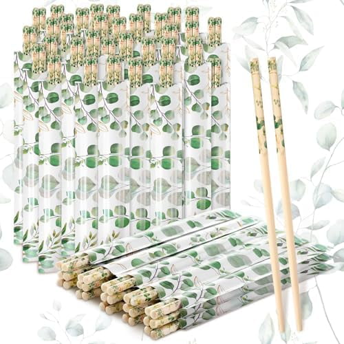 50 Pairs Cherry Blossom Chopsticks Bulk with Sleeved Blue Flower Disposable Bamboo Eucalyptus Chopsticks Wedding Favors Chinese Japanese Food Supply for Takeout Picnic(Eucalyptus)