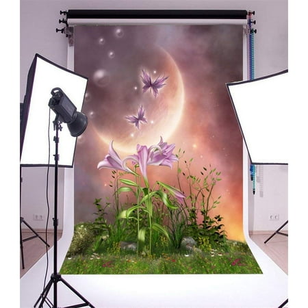 Image of ABPHOTO 5x7ft Photography Backdrop Dreamy World Fairy Tale Fresh Flowers Flying Butterfly Grass Field Bokeh Moon Night Princess Photo Background Backdrops