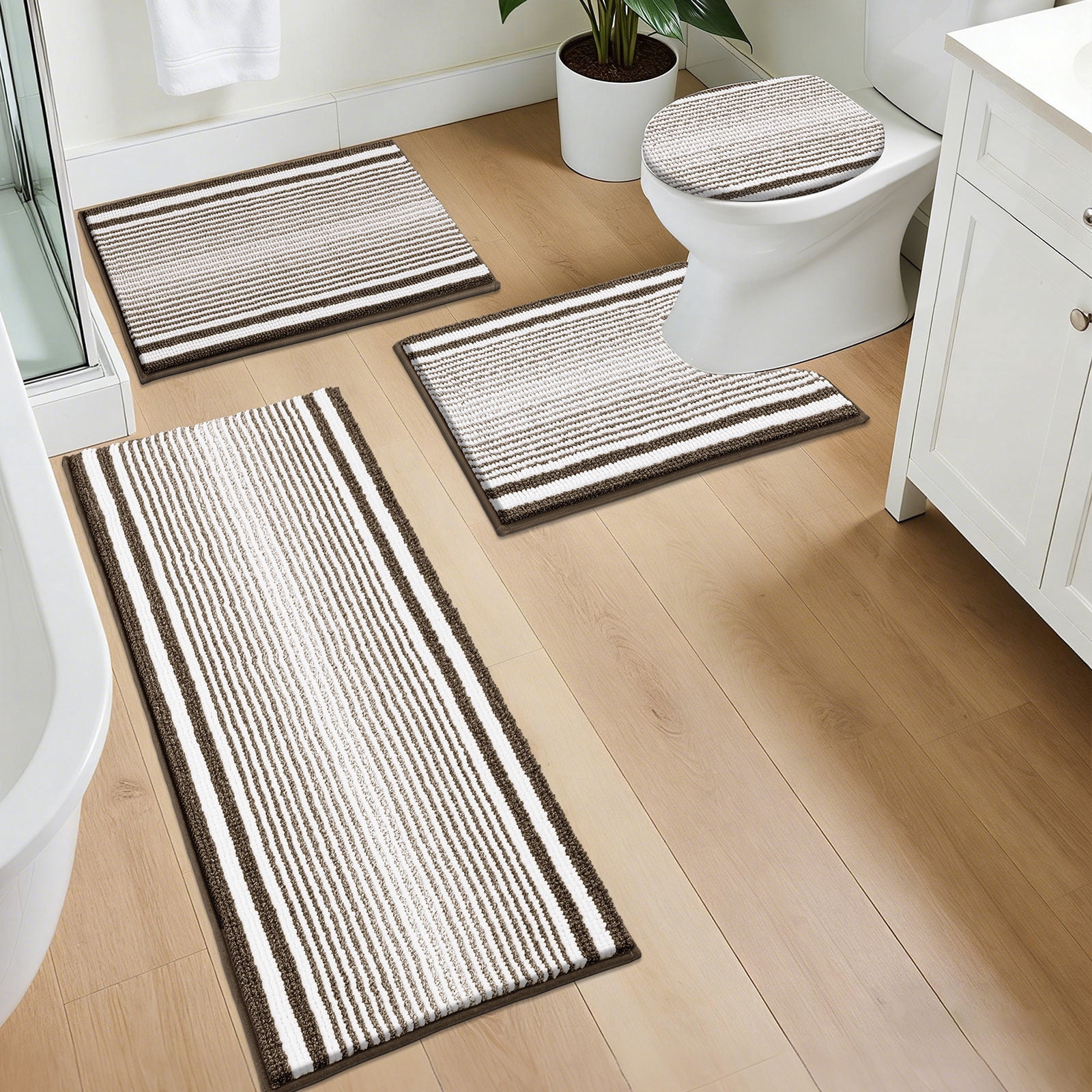 Ileading Chenille Bathroom Rugs Sets 4 Piece, Super Absorbent Non Slip Washable Bath Mat and U-Shaped Contour Toilet Rug Set for Tub Shower Floor Carpet