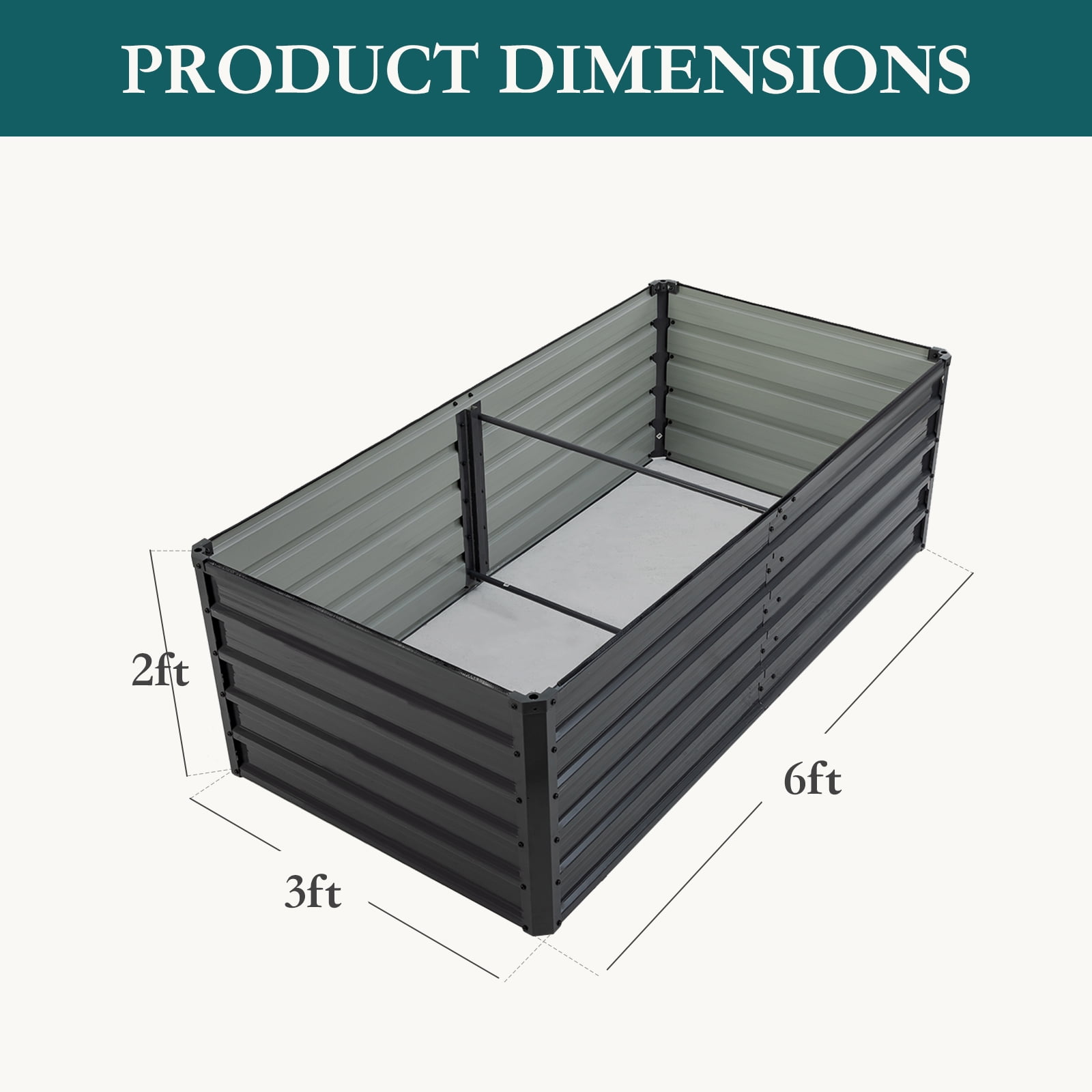 EDX Outdoor Metal Raised Garden Bed 6x3x2FT, Steel with Support Bars, Rust-Resistant Coating, Open Base for Drainage, Gray