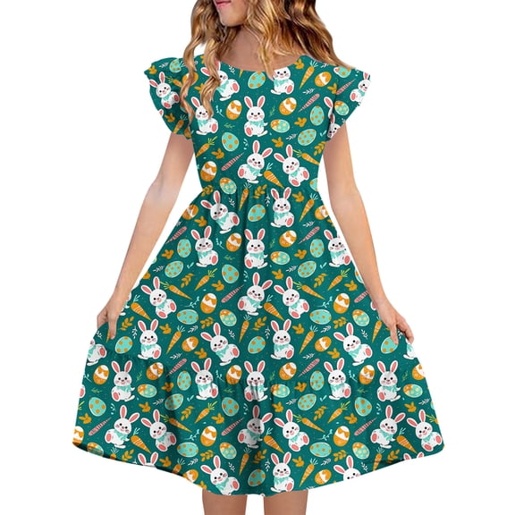 SELONE Little Girl Dresses Easter Flutter Sleeve Princess Dress Crew Neck Midi Sundress Bunny Casual Festival Outfits