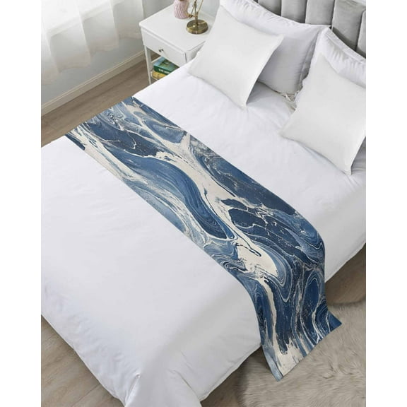 Xipuska Vintage Navy Blue Bed Runners for Cal King Size Bed, Decorative Bed Throws for Foot of Bed, Marble Abstract Art Bed Runner Sofa Throw Bedding Scarf Protector Slipcover for Bedroom/Hotel