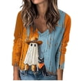thumbnail image 3 of Craaazy Halloween Plus Size Casual Tops for Women Solid Color V Neck 3/4 Length Sleeve Halloween Printed Stretch Autumn Festival Daily Wear Blouse, 3 of 5