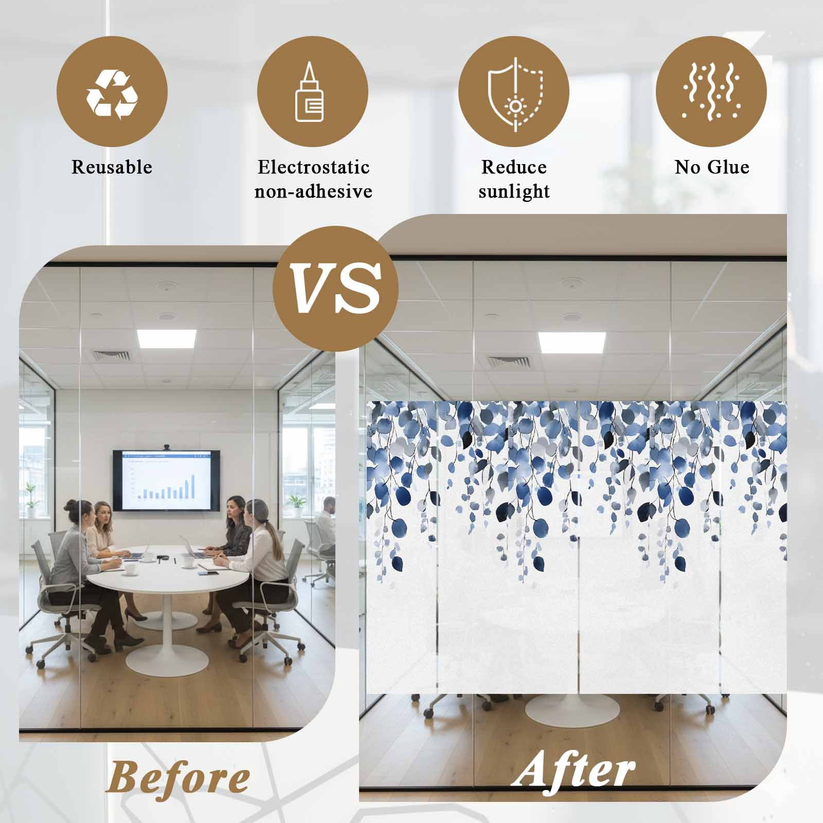 Blue Eucalyptus Leaves Window Privacy Film, Summer Botanical Watercolor Static Cling UV Sun Blocking Tint Film Heat Control Windows Films for Bedroom Bathroom, Window Stickers 29.5"x78.7"