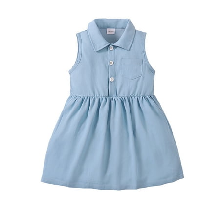 

Kucnuzki Toddler Baby Girl Clothes 2T Summer Dress 3T Sleeveless Solid Color Lapel Collar Plain Dress Strapless Sundress Blue
